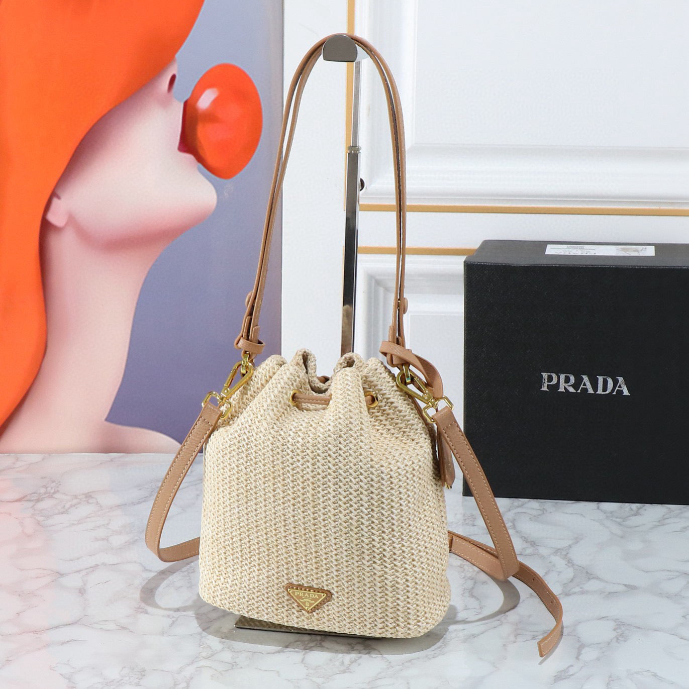 P-Raffia Straw Bucket Bag