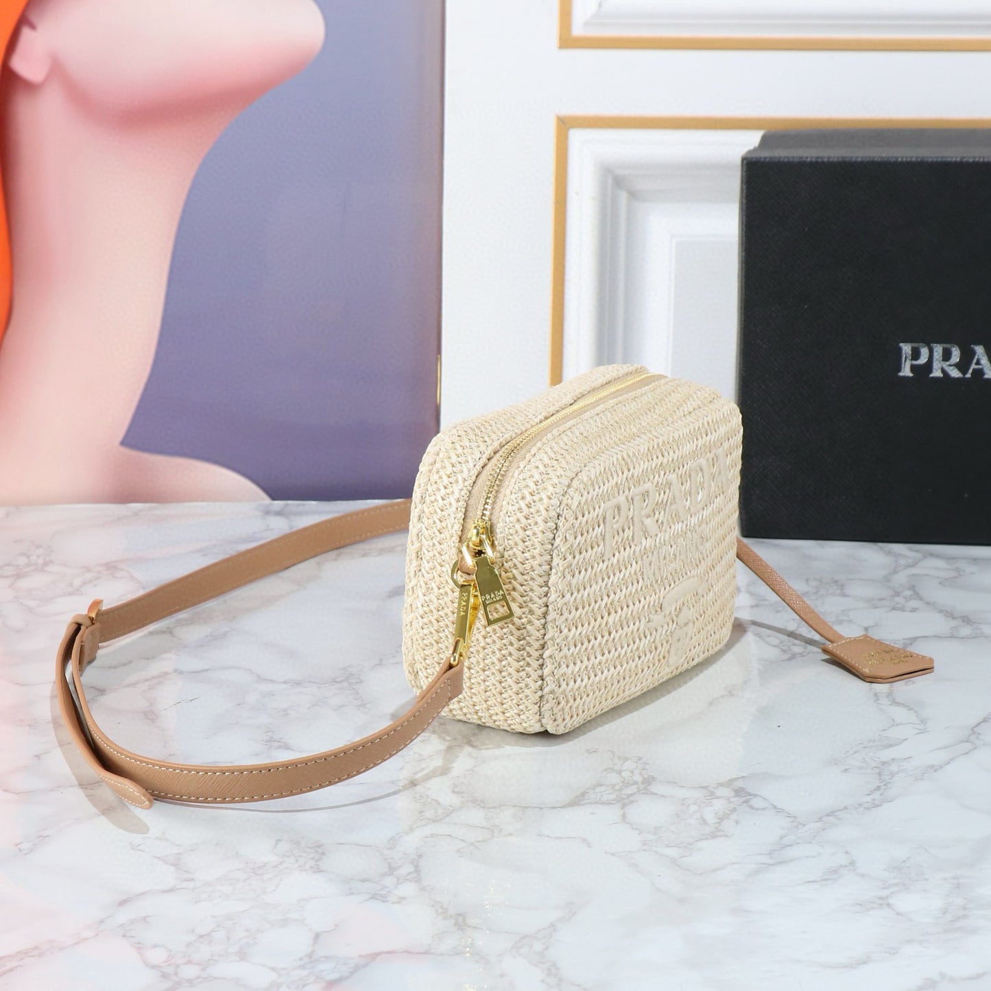 P-Raffia Straw Camera Bag