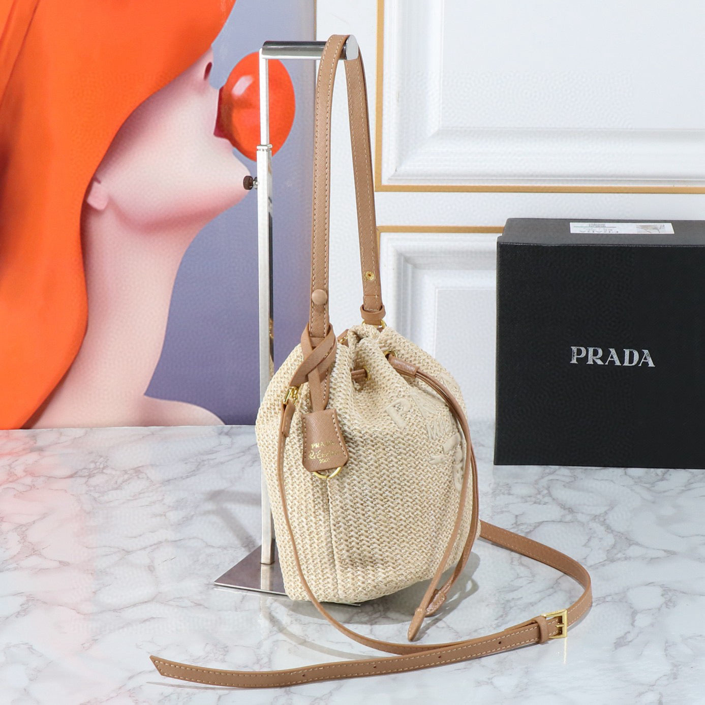 P-Raffia Straw Bucket Bag