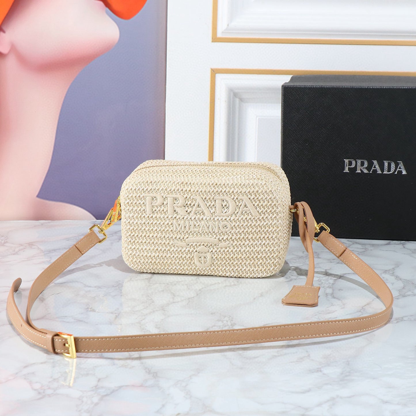 P-Raffia Straw Camera Bag